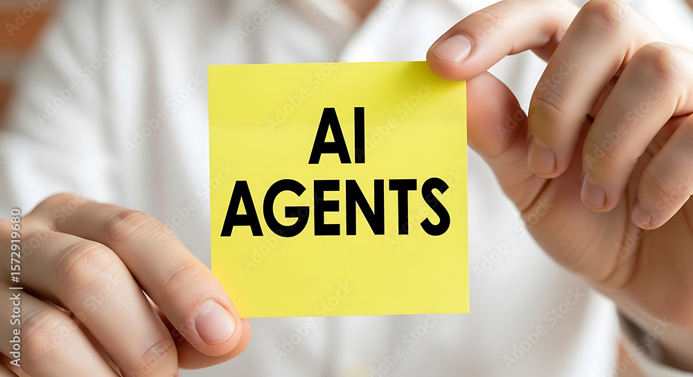 Poster person displaying a sticky note with the text ai agents focused on artificial intelligence