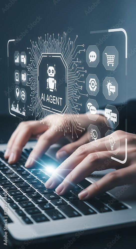 Poster person interacting with artificial intelligence agent on a laptop computer interface