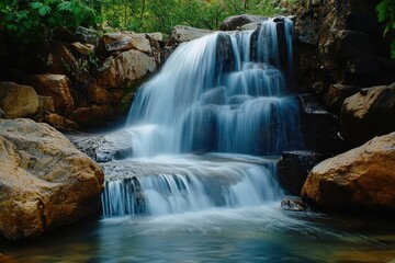 Waterfall cascading over rocks in the pristine wilderness of Tasmania, Tasmania wilderness Australia wild nature waterfall in national park