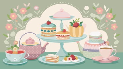 A colorful image of a tea party with a variety of cakes and pastries on a table. The table is set with cups, saucers, and a teapot. Scene is cheerful and inviting