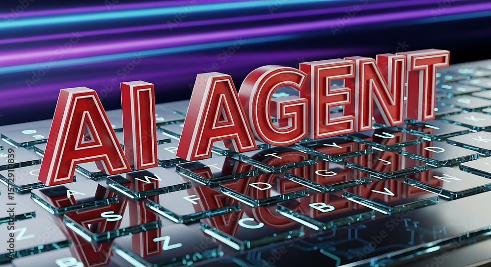 Poster red and white ai agent letters on a computer keyboard representing technology