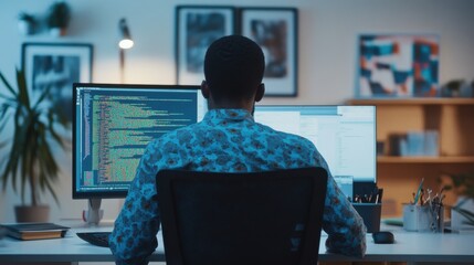 Focused african american programmer coding on dual monitors late at night