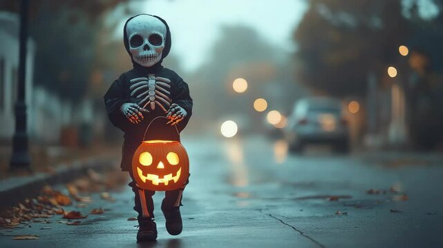 Child skeleton costume holding glowing pumpkin bucket walking street dusk with spooky halloween mood and wet street lights creating eerie atmosphere