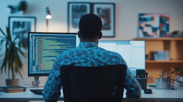 Focused african american programmer coding on dual monitors late at night