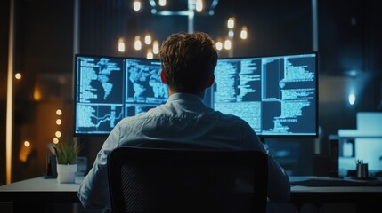 Focused programmer analyzing complex data on multiple screens in a modern office