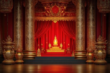 Discover the beauty of traditional Thai festivals with vibrant decorations in a stunning temple setting, Thailand festival advertisement poster, traditional decor, product stage highlight