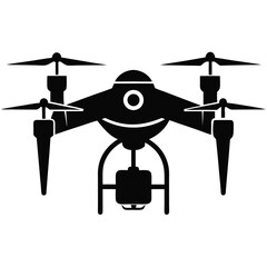 Drone Silhouette with Four Propellers and Integrated Camera System Depicted in Striking Black and White