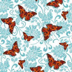 Blue ornament with butterflies.Vector seamless pattern with bright butterflies on a beautiful blue ornament background.