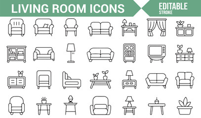 Furniture and Living Room Icons for Home Interior Design and Decoration