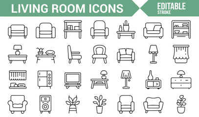 Icons of Living Room Furniture, TV, and Lighting for Home Design and Decor