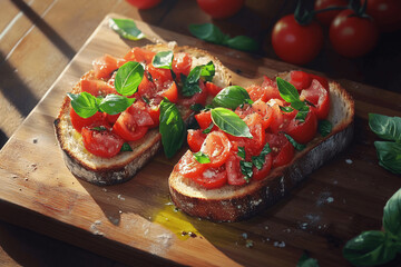 Classic Tomato Bruschetta Served on Wooden Cutting Board with Basil and Olive Oil