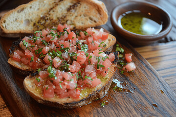 Classic Tomato Bruschetta Served on Wooden Cutting Board with Basil and Olive Oil