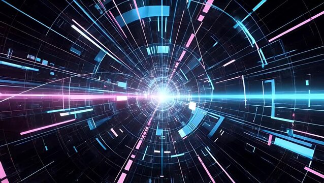 A digital tunnel with glowing blue and pink lines radiating from a bright center
