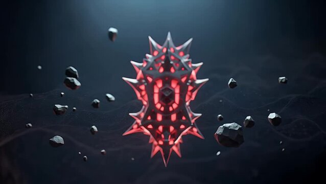 A faceted glowing red and black object surrounded by floating dark rocks