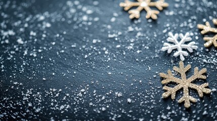 Golden and Silver Snowflake Backgrounds Sparkling gold snowflakes scattered on a dark gray background, adding a touch of glamour and magic