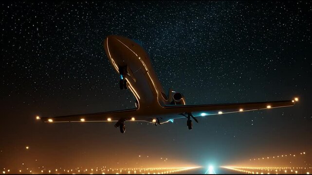 A private jet is positioned on a runway at night, illuminated by runway lights under a star-filled sky.