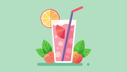 A glass of fruit punch with a straw in it and a slice of lime on the side. The drink is served in a tall glass, and the lime slice is placed on the side of the glass. The image has a bright