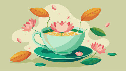 A cup with flowers on it is shown in a painting. The flowers are pink and yellow, and the cup is white. The painting has a whimsical and playful mood, with the flowers