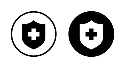 Health protection icon in black circle. Healthy shield sign. Medical defense symbol
