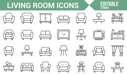 Living Room Furniture Icons for Sofa, Lamp, TV, and Home Decoration