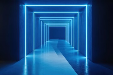 Fototapeta premium Futuristic tunnel with blue light stripe design showcasing modern architectural aesthetics, blue light stripe futuristic background