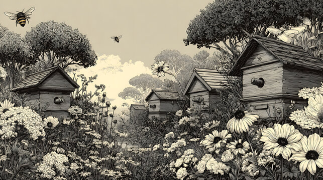 Engraved illustration of beehives amidst wildflowers for nature and gardening design