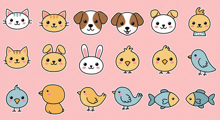 Cute animal cartoon illustration set vector cats dogs birds rabbits fish kawaii style drawing design