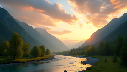 Magical Evening Light Shining Through Mountain Gaps Reflecting on Calm Waters and Greenery