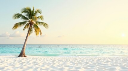 Serene Coastal Scene A Single Palm Tree on a Pristine White Sand Beach with Calm Turquoise Waters at Sunset