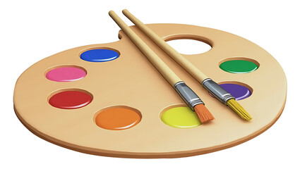 Wooden Artist's Palette with Bright Paint Blobs on Transparent Background