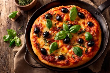 A mouthwatering pizza sits in a black skillet on a wooden table. The crust is golden, topped with mozzarella cheese, black olives, and vibrant basil leaves, creating a inviting culinary scene