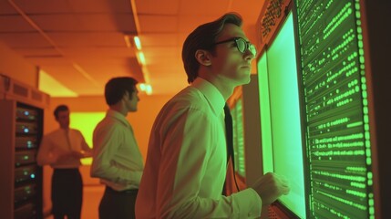 Vintage data center scene with engineers monitoring system performance panels