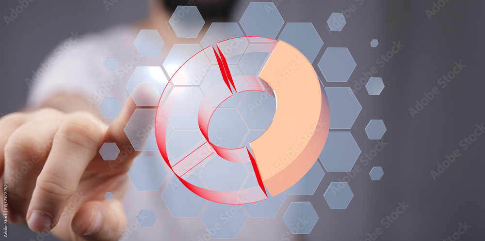 Poster image of a businessman using a touchscreen interface to view a 3d pie chart. perfect for business, t