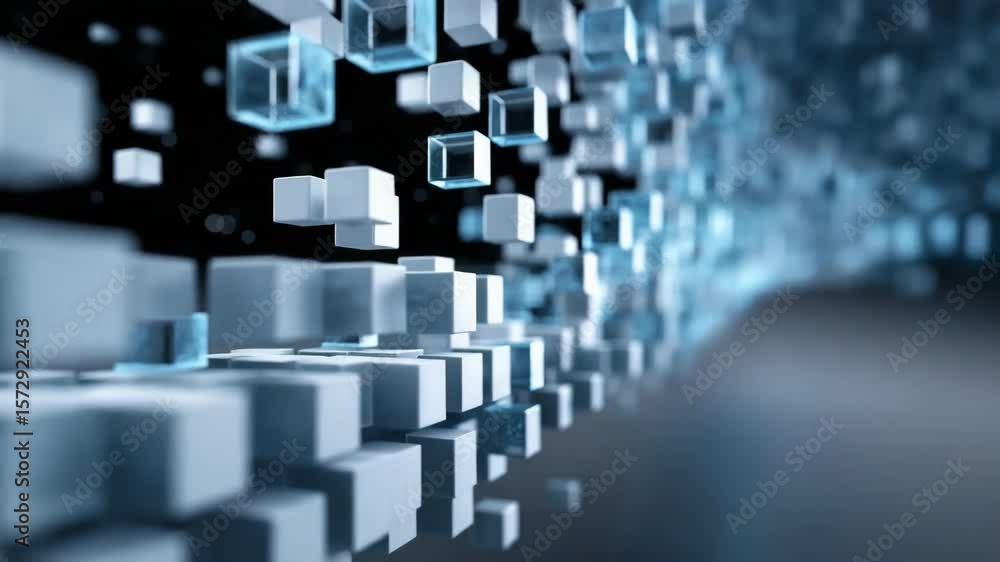 Poster a computer generated image of a wall of cubes in blue and white. the cubes are arranged in a way tha