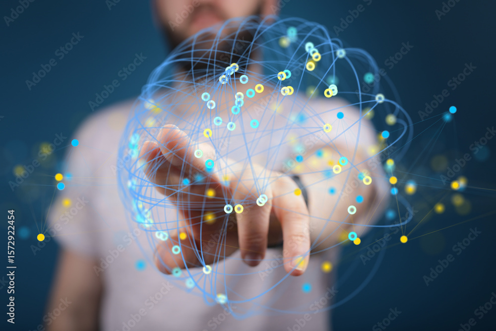 Poster person interacting with a digital network visualization. represents connection, technology, and data