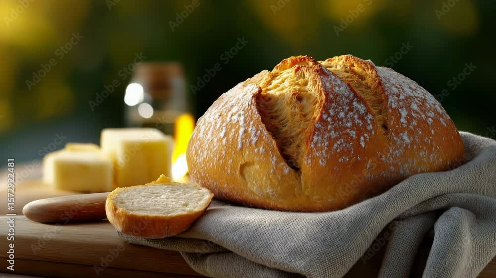 Aufkleber a piece of bread with a slice missing sits on a table next to a jar of butter. the bread is covered 
