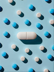 White Capsule Among Blue and White Pills on Blue Background