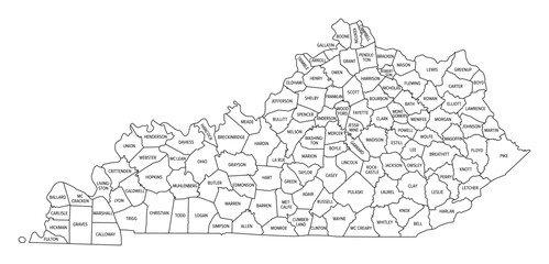 State of Kentucky, subdivided into 120 counties, outline map. State in the Southeastern Region of United States, nicknamed The Bluegrass State. Contour of the state, with county names and borders.