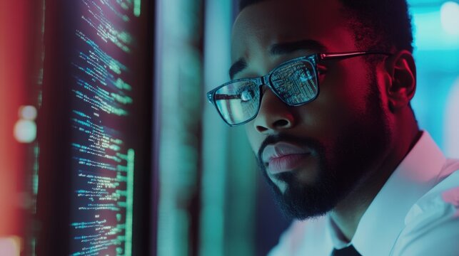 Cybersecurity specialist analyzing code on a server array with digital reflection - Powered by Adobe