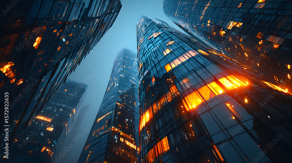 Poster a cinematic view of business skyscrapers with sharp architectural lines and brilliant reflections..