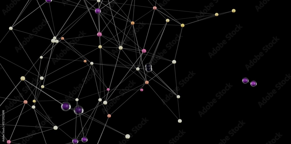 Poster 3d rendering of a network with colorful nodes connected by lines. ideal for technology, communicatio