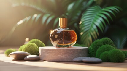 Luxury Perfume Bottle in Natural Spa Setting
