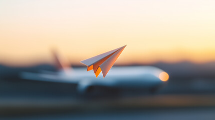 Paper airplane flying at sunset with blurred aircraft in background. Dream travel and childhood nostalgia