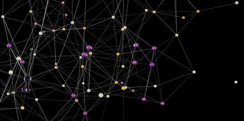 Colorful spheres connected by lines, network visualization, technology concept.