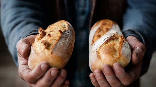 A man is holding three loaves of bread in his hands. The bread is toasted and has a crunchy texture. The man's hands are covered in flour, indicating that he has been working with the bread
