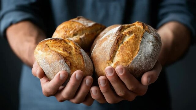 A man is holding three loaves of bread in his hands. The bread is toasted and has a crunchy texture. The man's hands are covered in flour, indicating that he has been working with the bread