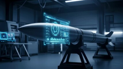 Hightech missile visualization with holographic interface in engineering development room. - Powered by Adobe