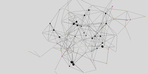 Complex data network, nodes, connections, technology, digital, communication, abstract background.