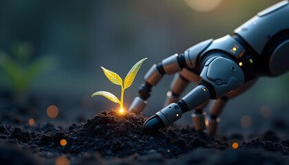 Robot hand gently supporting a glowing plant seedling in dark soil