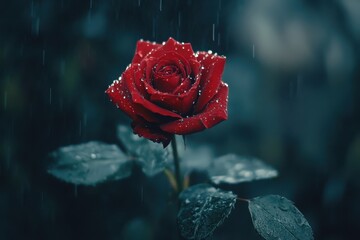 Perfect red rose blooming in a garden after rain with droplets glistening on petals, Perfect red rose in the garden after the rain, closeup High quality